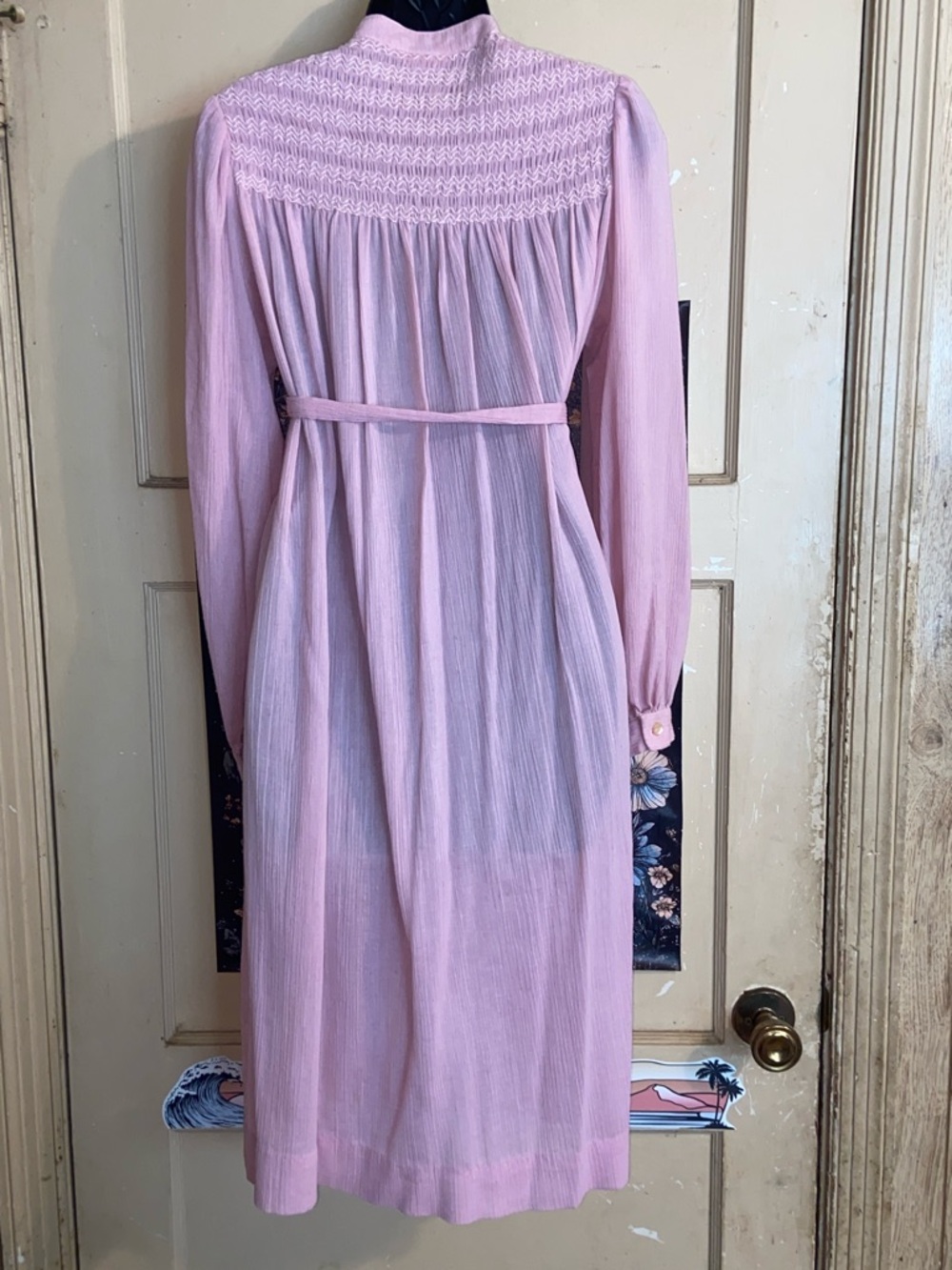 70s PINK BELTED SHIFT DRESS Nancy Green NY Gauzy & Full - Picture 4 of 7